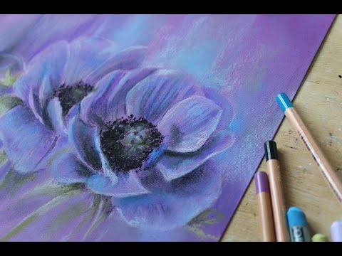 Painting flowers soft pastels.  Purple anemones. Botanical painting