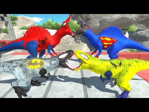 Batman T-rex Vs Spiderman Spinosaurus Death Run & Climb - Animal Revolt Battle Simulator
