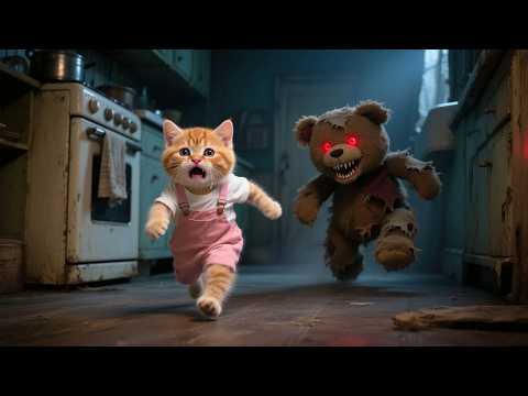 Ginger Kitten Meets Giant Teddy Bear Ghost 🧸😨, Mama Cat Brings Warm Hugs 💖 | Funny Cat Videos