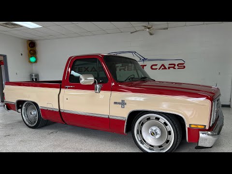 1987 Chevrolet R10, C10, low miles, two tone, 4/6 drop, 22” coy wheels, slosh tubs, SOLD
