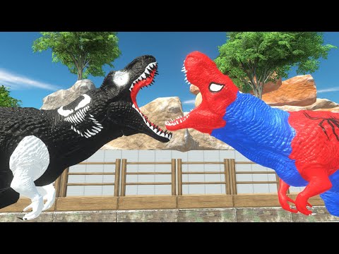 VENOM T REX vs SPIDERMAN T REX DEATH RUN MOUTAIN - Animal Revolt Battle Simulator