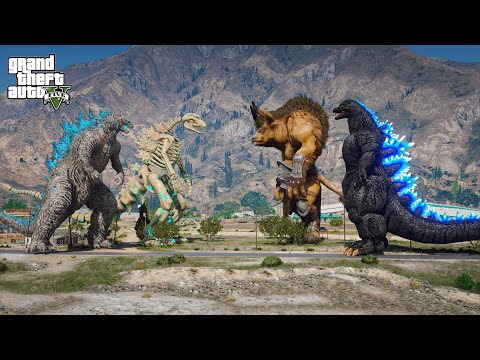 Heisei Godzilla, Minotaur vs Atomic Godzilla, Skeleton Godzilla - Epic Fight Scene ( GTA V Mods )