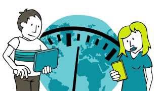 Video-Thumbnail des Erklärvideos: Illustration - Junge mit TabletPC und Mädchen mit Smartphone vor Teilansicht Globus mit überlagerter Teilansicht Ziffernblatt