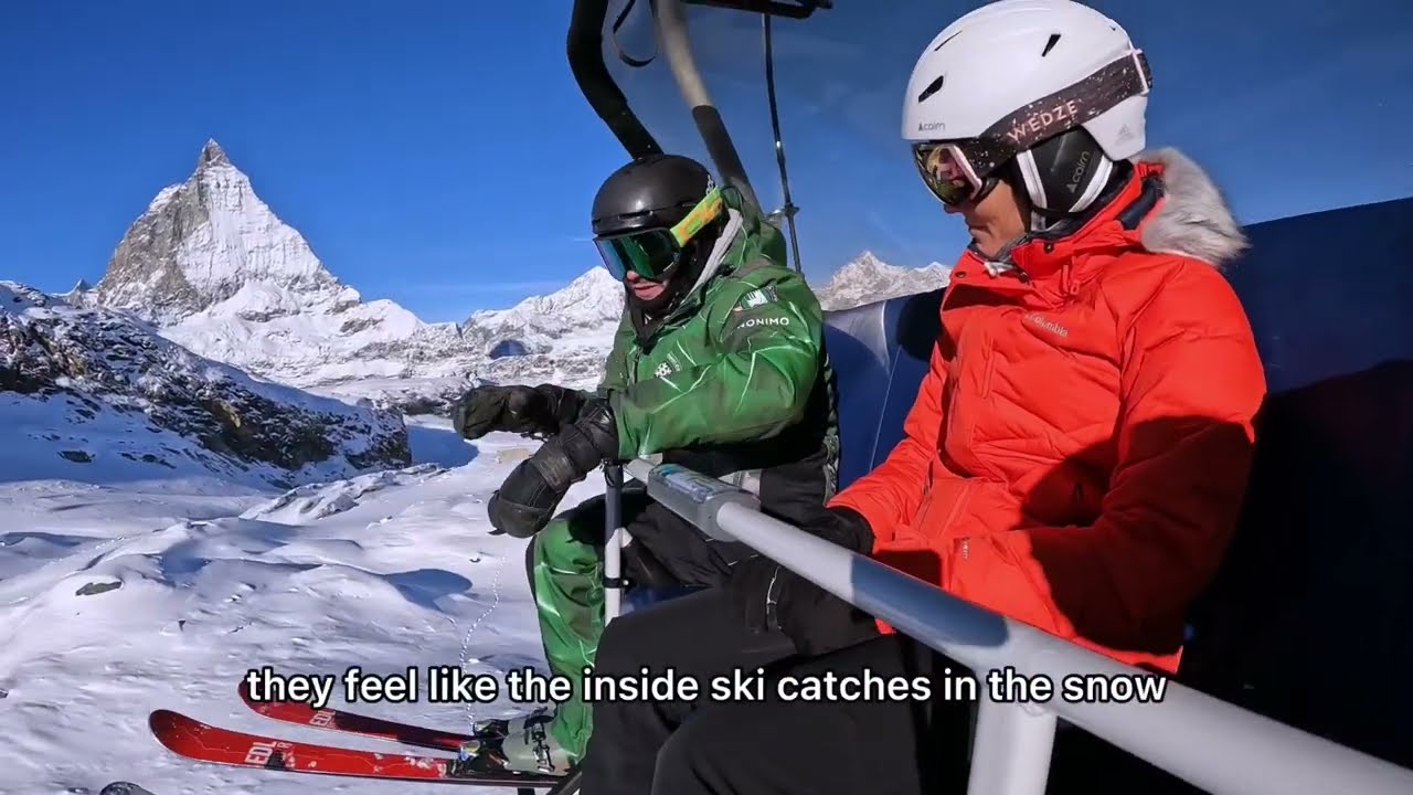 Skiing the border crossing from Zermatt into Cervinia, Italy, with the Matterhorn behind