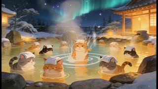 Relaxing Ambience with Cats | Winter Japanese Onsen with Cats playing and relaxing in a pool ❄️