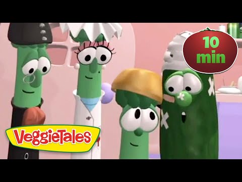 Four VeggieTales characters (green beans) stand together in a pink kitchen set, with a VeggieTales logo in the corner and a red '10 min' badge in the top right.