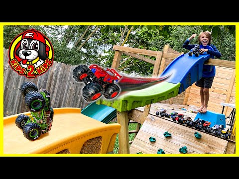 LONGEST Downhill Race INSIDE & OUTSIDE the House 🏠 BIG Monster Jam & Hot Wheels Monster Truck Toys