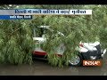 Delhi: Tree falls on police car due to heavy rain at Pragati Maidan