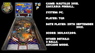 Nautilus 2018 - Zaccaria Pinball - Arcade mode, 3 balls - 360,447,200 points.