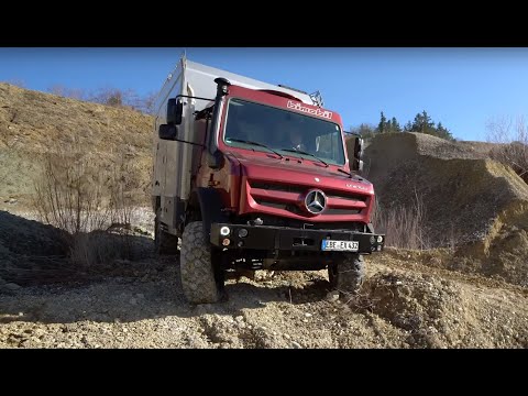 Bimobil Unimog 2021 mobile home in practical use in the sand pit. Off road experience. Test 