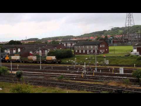 DRS locomotives 20309 and 20312 leaving Barrow with nuclear flasks: 23rd June 2012