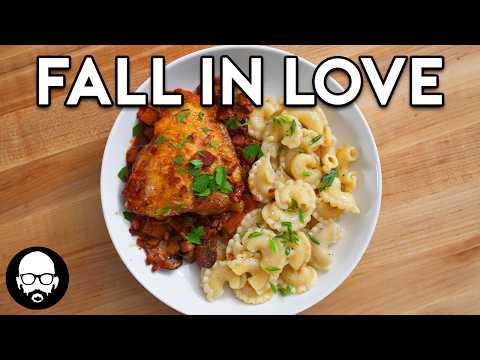 Coq au Vin with Buttered Noodles, Crispy Bacon, and Mushroom Garnish