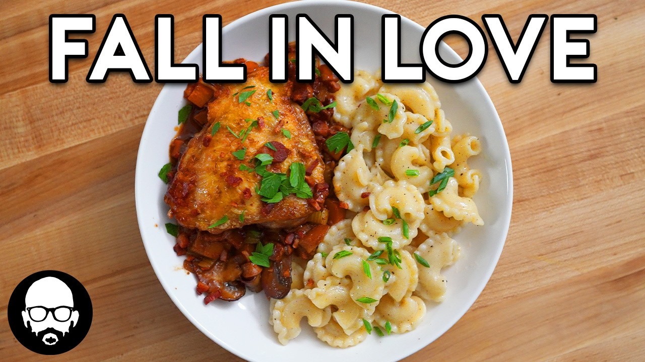 Coq au Vin with Buttered Noodles, Crispy Bacon, and Mushroom Garnish