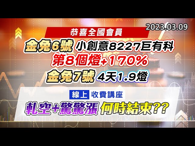 20230309《股市最錢線》#高閔漳 恭喜全國會員，金兔6號，小創意8227巨有科，第8個燈+170%；金兔7號，4天1.9燈” “線上收費講座，軋空+驚驚漲，何時結束？？