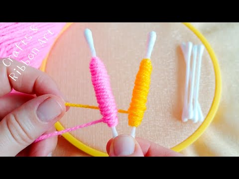 Amazing Woolen Craft Ideas with Cotton Buds - Hand Embroidery Easy Trick - DIY Woolen Flowers