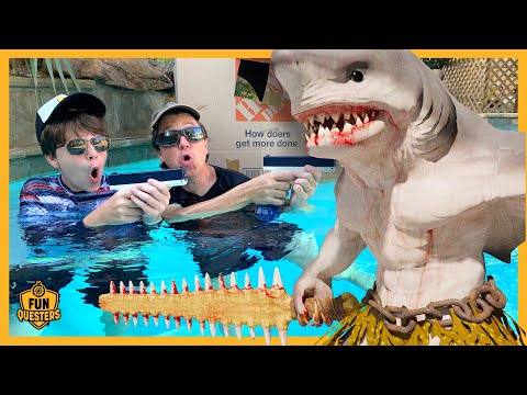 Monster Shark vs Giant Box Fort Boat! Can FunQuesters Aaron & LB Survive?