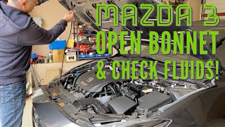 Mazda 3 How to Open Bonnet and Check Vital Fluids - Engine Oil, Coolant Radiator Fluid, Brake Fluid