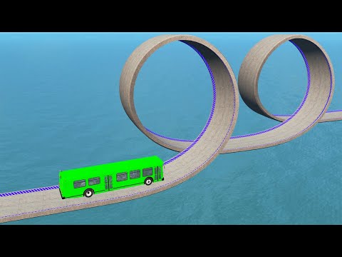 Impossible Double Loop Bridge Crossing Cars Vs Deep Water - BeamNG.Drive