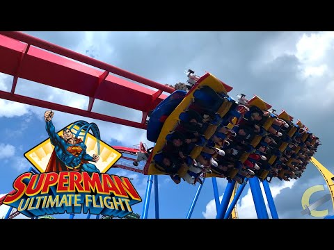 Off-ride footage of a Superman - Ultimate Flight train