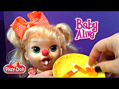 Baby Alive Snackin' Sara Doll Halloween Clown eats Playdoh Candy Corn Snacks Video