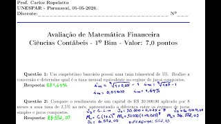 Comentários avaliação de Matemática Financeira turmas A e B - Ciências Contábeis - UNESPAR PARANAVA