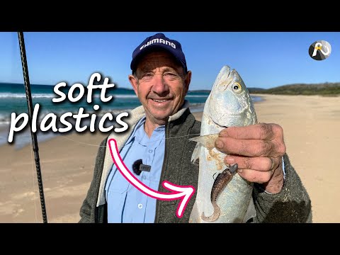 Beach Fishing with SOFT PLASTICS: Finding Fish - BIG FIGHT!