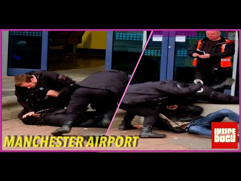 British airport police arrests a drunk and disorderly male at Manchester airport