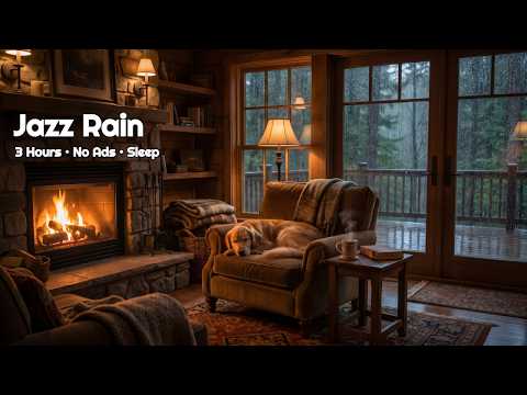 Rainy Cabin Jazz • Dog Sleeping by the Fireplace • 3 Hours Sleep Music No Ads 🎷🌧️🐶