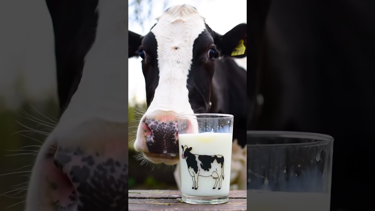 A cow is looking at a glass of milk with a picture of a cow on it.