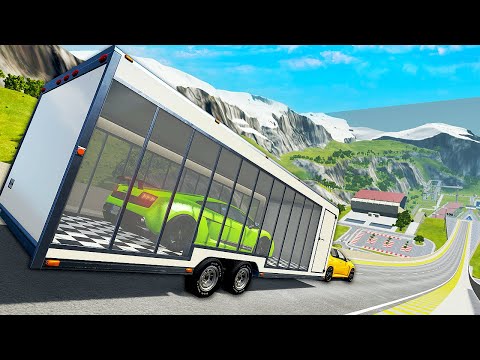 Trailer With Car INSIDE Launches Off MEGA RAMP - BeamNG Drive Crashes