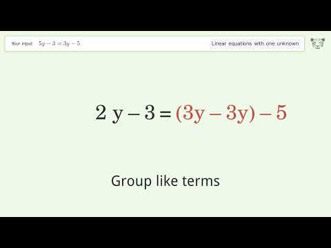Linear equation with one unknown: Solve 5y-3=3y-5 step-by-step solution