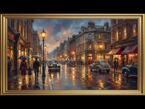 Stradă europeană ploioasă noaptea | Atmosferă urbană pictată în ulei - Bucla de ecran 4K cu artă silențioasă