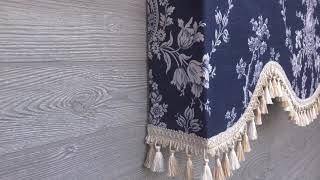 Navy Blue Bird Toile Valance with Creamy White Tassel Fringe, Waverly Country House