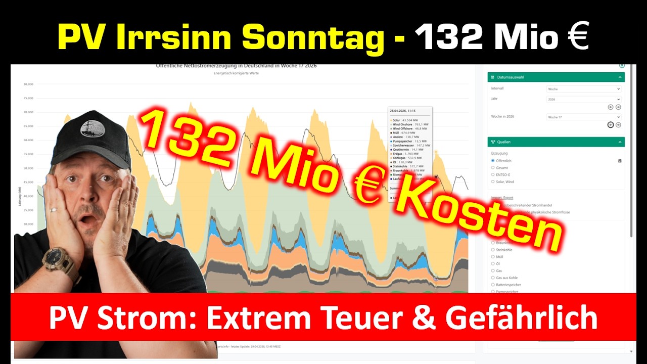 Irrsinn: 132 Mio € Kosten für sauteuren Solarstrom am Sonntag!