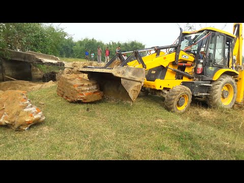 JCB Backhoe Making Dam in River and Breaking Old Bridge Wall - JCB Making Village Road