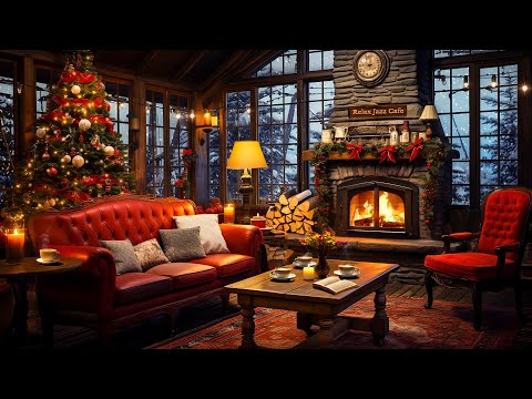 Christmas Jazz Instrumental Music 🎄 Christmas Coffee Shop Ambience with Crackling Fireplace to Relax