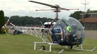 Bell 47 Helicopters. Start up, take off, landings, flying Police.