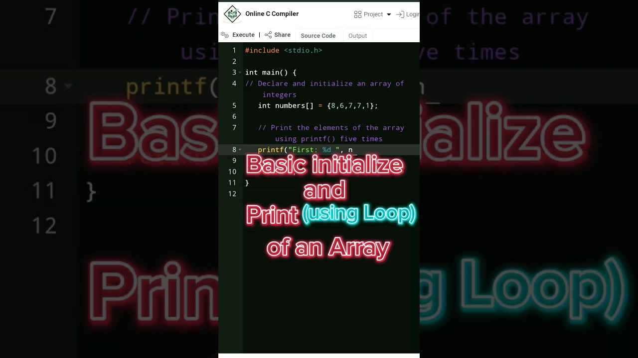 Basic Array code | Initialize & Print using loop | #array #code #coding #c ‎@cursedwizard  
