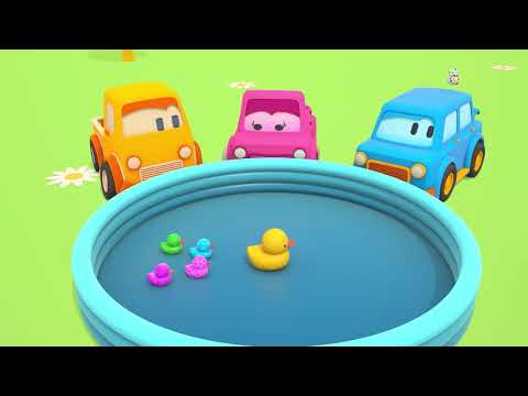 The cars are filling a pool for toy ducks using a fire truck.