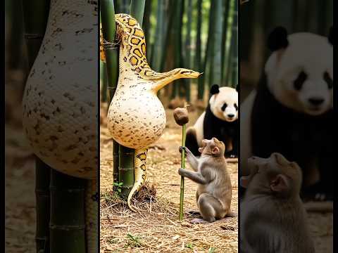 🐼Panda Calls the Monkey Hero to Save Her Baby from an Albino Python #animals #help #monkey