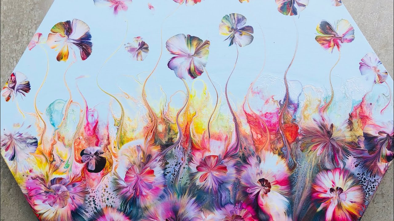 ACRYLIC POURING ~FANTASY AND WHIMSICAL EFFECTS ~KISS AND BLOW magic on Hexagonal canvas