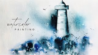 Serene Blue Lighthouse Watercolor 🌊 Minimalist Painting Tutorial