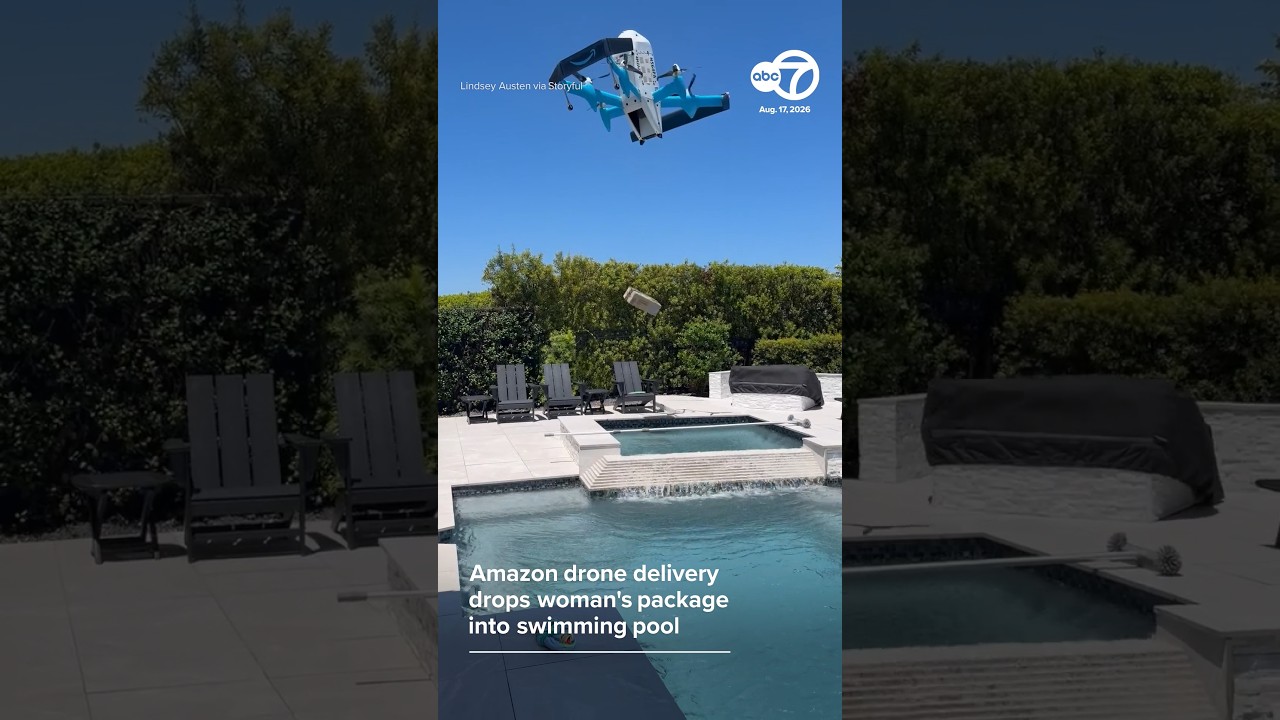Amazon drone delivery drops woman's package into swimming pool - YouTube