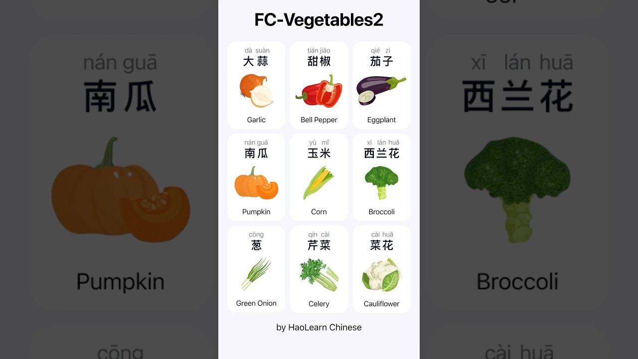 Learn Chinese with Flash Cards | Vegetables 2 【蔬菜词汇 】| HSK 1-2