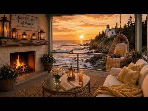 Tranquil Bass Harbor Lighthouse Porch at Sunset | Cozy Fireplace, Ocean Waves & Soft Rock Ambience