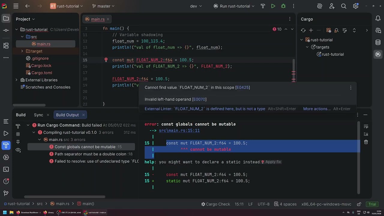 Rust Programming Tutorial #5 – RustRover Installation & Const vs Let