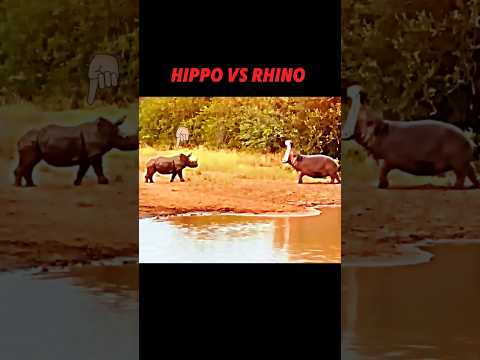 The hippo tries to scare the rhino but!! #animals #wildlife #trending #hippo #rhino #shorts