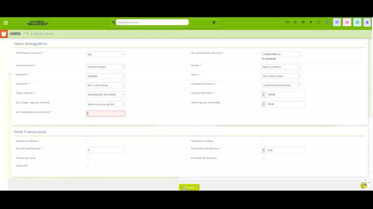Paso 5 Actualizar datos del Prospecto y Evaluación del Perfil de Riesgo