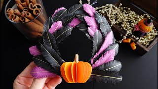 DIY: How to Make a Paper Feather Halloween Wreath with Pumpkin