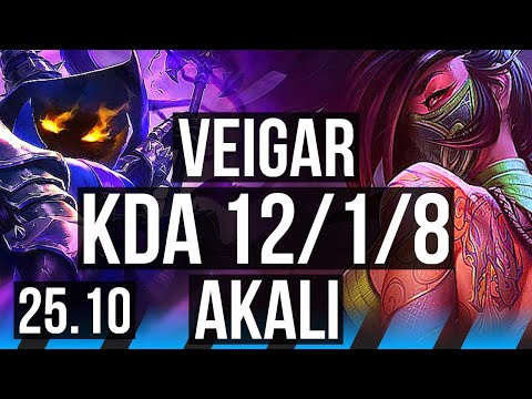 VEIGAR vs AKALI (MID) | 12/1/8, 1000+ games, Godlike | NA Master | 25.10